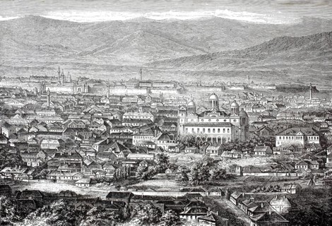 Panoramic view of the Serbian city of Nis, Nitsch, in the 19th century, in the middle Cathedral of