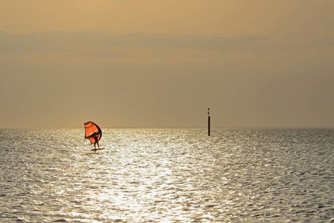 Recreational sports, water sports, wingfoil surfers in the evening light on the North Sea,