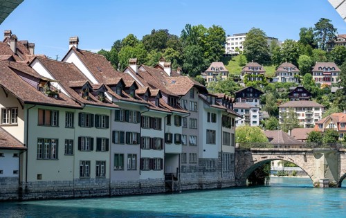 Row of houses on the banks of the river Aare, Nydegg district, Bern, Canton of Bern, Switzerland