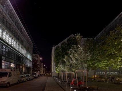 Street view with house facades at night, Kaulbachstraße, Munich, Bavaria, Germany