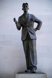 Bronze statue of George Orwell, with cigarette, Broadcasting House, BBC, British Broadcasting