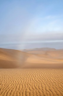 Rainbow in coastal fog in morning, sand dunes in morning light, Sandwich Harbour, Namib Naukluft