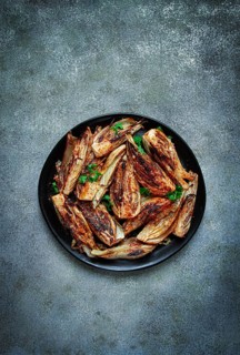 Baked, oven-baked fennel, with spices, in olive oil, homemade, no people