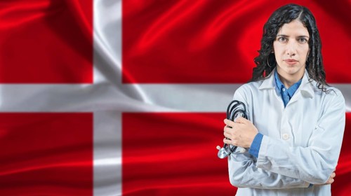 Danish national health system, Medical professional on Denmark flag background