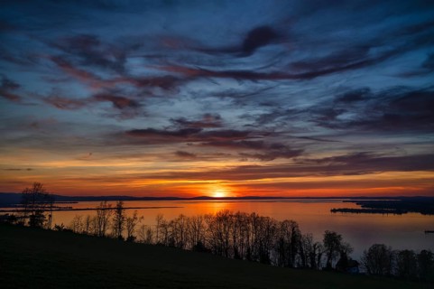Dramatic sunset on the lake, clouds, Bregenz, evening mood, Vorarlberg, Lake Constance, Austria
