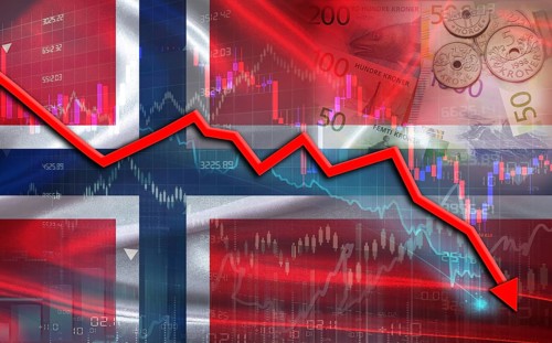 Norway financial fall on economy market. Norwegian financial crisis on economic graph