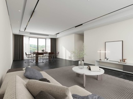 Modern living room with a minimalist design, featuring beige furnishings, a large window with sheer