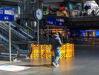 Central Station, yellow barriers on escalators at Berlin Central Station, which have been defective