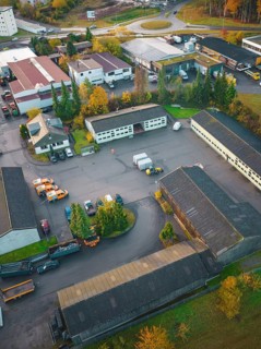 Aerial view of road maintenance depot in autumn, Calw, Black Forest, Germany