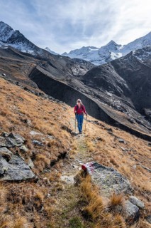 Mountaineer on a hiking trail in Niedertal, snow-covered mountain peaks of the Ötztal Alps with