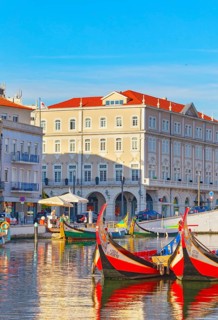 View of moliceiro boats floating on Aveiro river main lagoon, Aveiro, Portugal