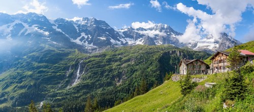 Panorama, picturesque mountain landscape with Berghotel Obersteinberg, Schmadribachfall waterfall