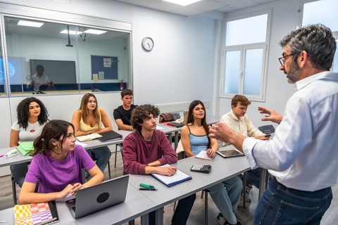 Professor giving an engaging university lecture to attentive students in a modern classroom, taking