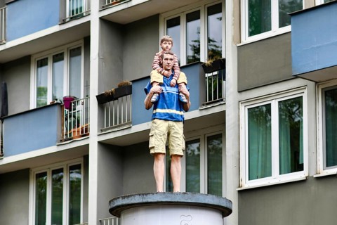 Düsseldorf, Germany - June 9th 2026: Colored modern Vater und Sohn sculpture in Dusseldorf. Bronze