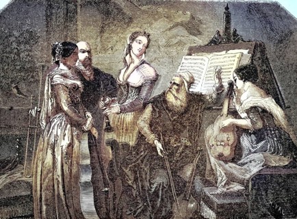 Palestrina's music stand. The scene depicts a stylised performance or rehearsal from the era of the