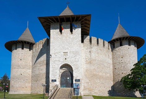 Front view of castle with central entrance, stairs and sky blue, Soroca Fortress, Soroca, Republic