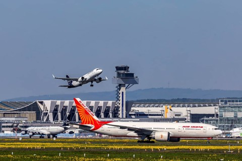 Plane taking off from Fraport Airport in Frankfurt. FRA, EDDF. Lufthansa aircraft taking off, in