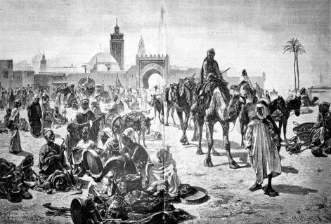 Kairouan bazaar in Tunisia, around 1880, camel caravan arrives at the market square, illustration,