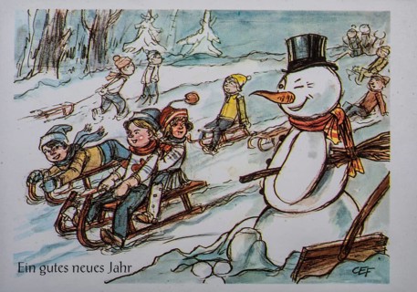 Old German New Year's card showing a happy snowman and children sledding on the snow slope