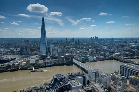 View from the 20 Fenchurch Street skyscraper of the city center, the Thames and The Shard