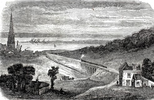 Station and railway line from Rouen to Le Havre in 1847. The train is just crossing the distinctive