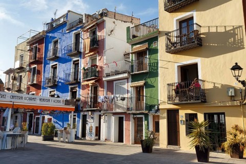 Colourful house facades, old town, Villajoyosa, Costa Blanca, Spain