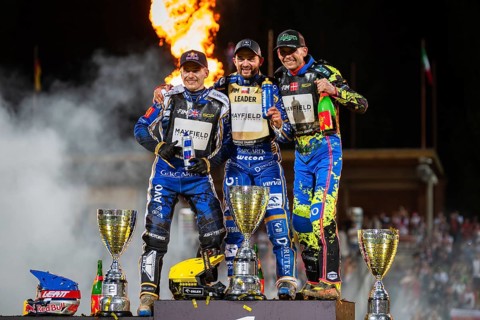 WROCLAW, POLAND - JUNE 20, 2026: DEWALT FIM Speedway GP of Poland. Speedway riders celebrating
