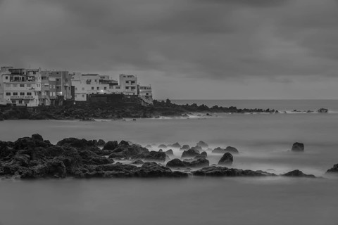 Playa Maria Jiménez in front of sunrise, Puerto de la Cruz, Tenerife, Canary Islands, Spain