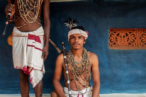 Traditionally dressed young men from the Dhurwa tribe, dance troup from Odisha, India