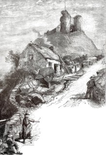 Criccieth Castle, high medieval castle ruins in Criccieth in northwestern Wales, illustration,