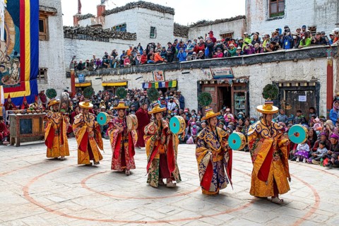 Buddhist monks dance to Tji festival, Lo Manthang, Mustang, Upper Mustang, former kingdom, Nepal