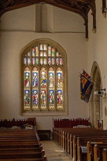 Interior view, benches, window, St Mary's Church, Bibury, The Cotswolds, England, Great Britain