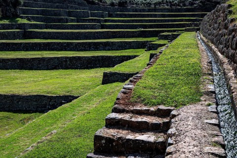 Tipon Inca Archaeological Site, Terraces with Irrigation Canal, Inca Architecture, Cusco Region,