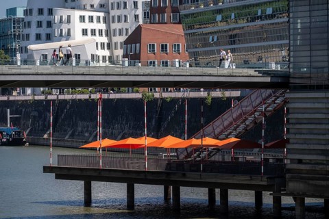 Building in the media harbor in Düsseldorf, terrace of the Lido-Hafen restaurant, Neuer Zollhof,