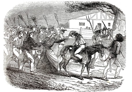 Donkey rider, French depiction of public punishment in which a man is paraded on a donkey, 1847,