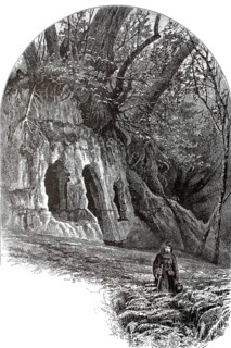 Hermit's Cave, in Depedale, Derbyshire, England. At the centre is the sandstone cave, hewn into the
