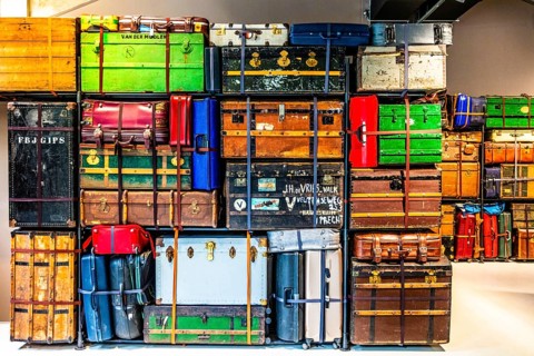 Luggage maze, historic suitcases, FENIX, museum about migration, in a historic warehouse in