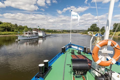 On the Elbe in Dresden with the historic LEIPZIG paddle steamer of Saxon Steamship, here the