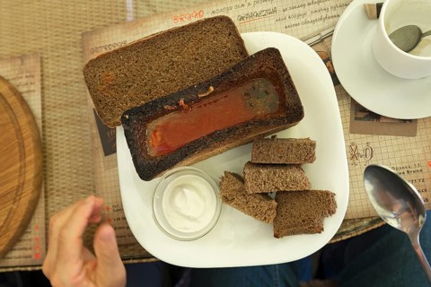 Goulash soup in sliced bread, specialty in Ukraine, Chernowicz, Ukraine