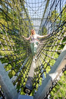 Person balancing on a hanging net bridge surrounded by trees, Waldwelt Skywalk Allgäu, Scheidegg,