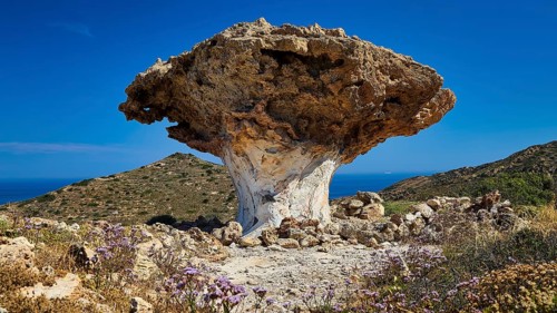 Impressive rock formation with views of the sea and surrounding hills, mushroom rocks, mushroom