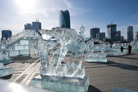 Ice sculpture on Sukhbaatar Square or Chinggis Khaan Square at minus 20 degrees Celsius, Ulan