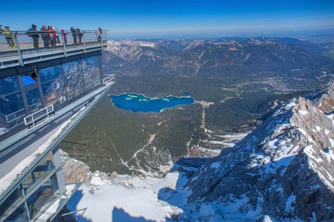 Viewing terrace on the Zugspitze summit 2962m with view of Lake Eibsee lake,