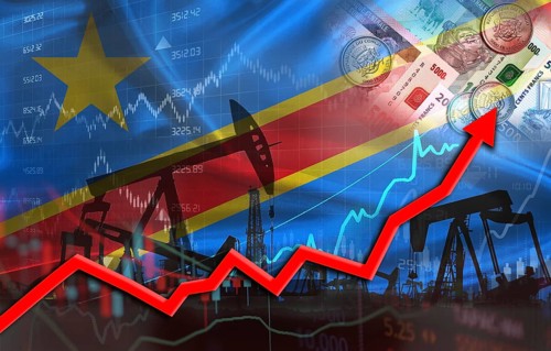 Oil production with Congolese flag, petrol industry. Oil pumps with Republic of the Congo flag