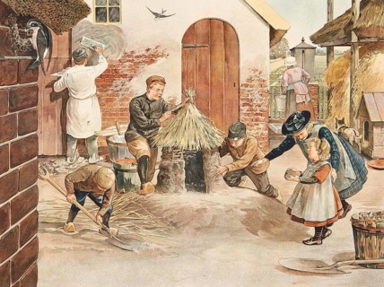 Rural scene on an old farm depicting various activities related to the processing of clay and clay.