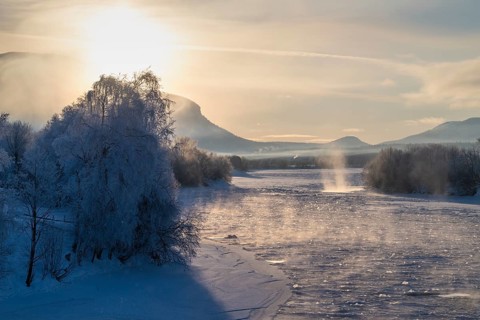 Fog over the frozen river Glomma (Glåma), Alvdal, Hedmark, Innlandet, Norway, February 2026