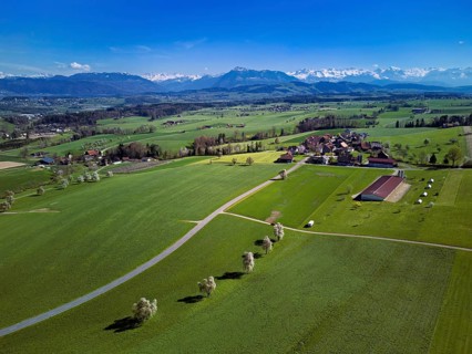 View of the hamlet of Alikon, back the Alps with the Rigi, Sins, Freiamt, Canton of Aargau,