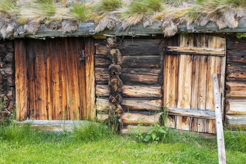 Doors of a traditional wooden hut, Alvdal, Hedmark, Innlandet, Norway, June 2026
