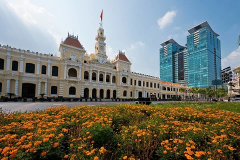 Flowers in front of City Hall in central Hochiminh City, Saigon, Vietnam