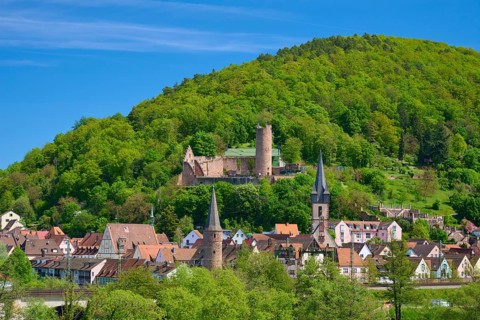 A historic town with an impressive castle and green hills in the background, Scherenburg Castle,